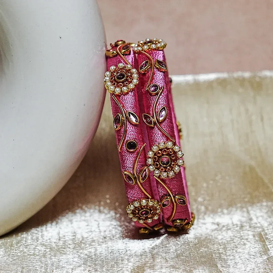 Designer Thread Work Kundan Leaf Style Kada Bangle for Women & Girls (Pack of 2) - The Golden Cascade